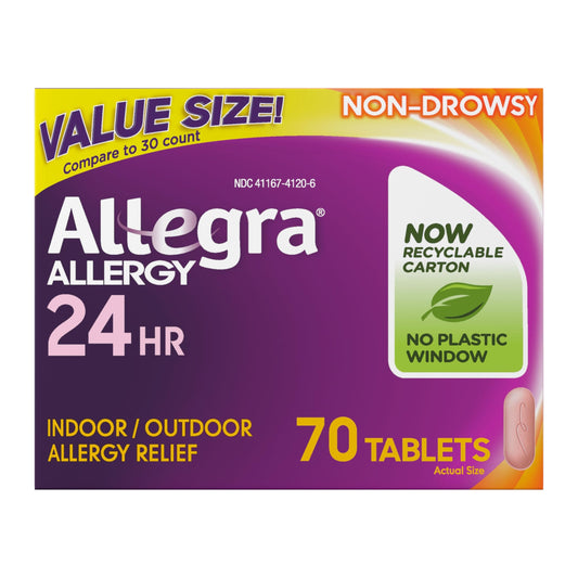 Allegra adult 24-hour relief tablets in a 70-count bottle for non-drowsy care.