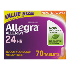 Allegra adult 24-hour relief tablets in a 70-count bottle for non-drowsy care.