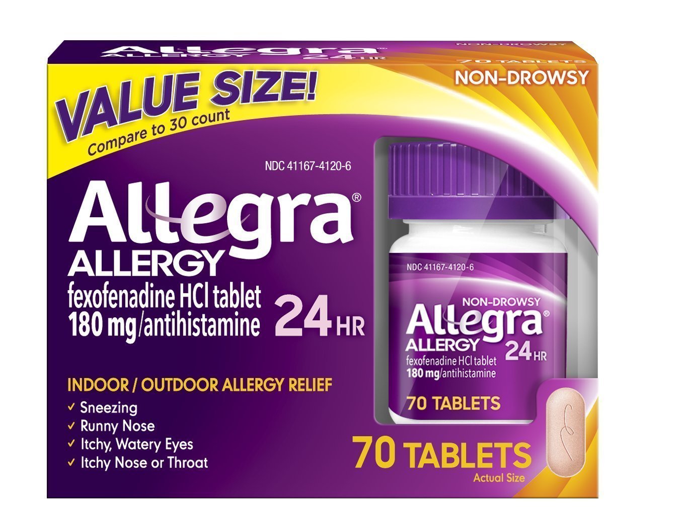 Allegra allergy tablets 180 mg pack shot for all-day non-drowsy relief.
