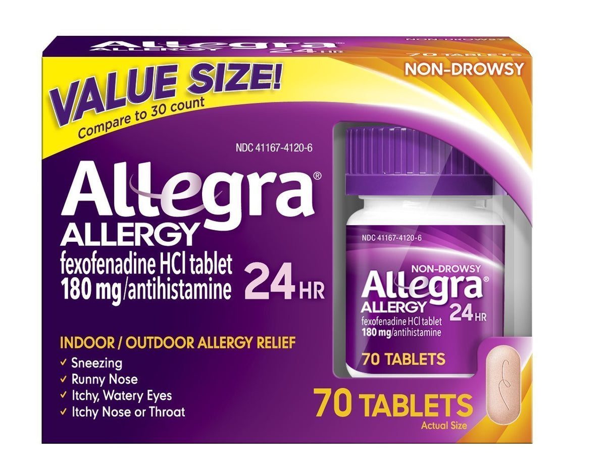 Allegra allergy tablets 180 mg pack shot for all-day non-drowsy relief.