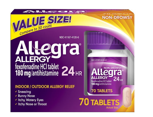 Allegra allergy tablets 180 mg pack shot for all-day non-drowsy relief.