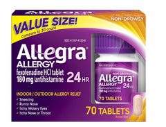 Allegra allergy tablets 180 mg pack shot for all-day non-drowsy relief.