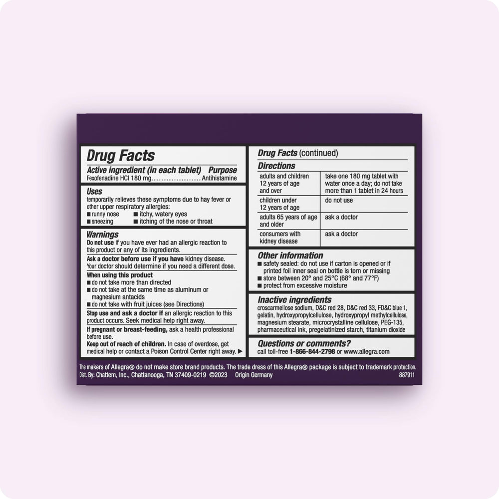 One hour start claim shown for Allegra fast-acting relief