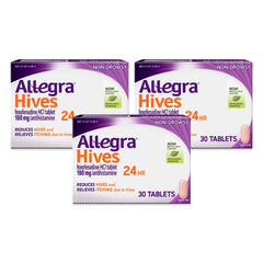 Allegra Hives three-pack box front highlights non-drowsy 24-hour hive relief.