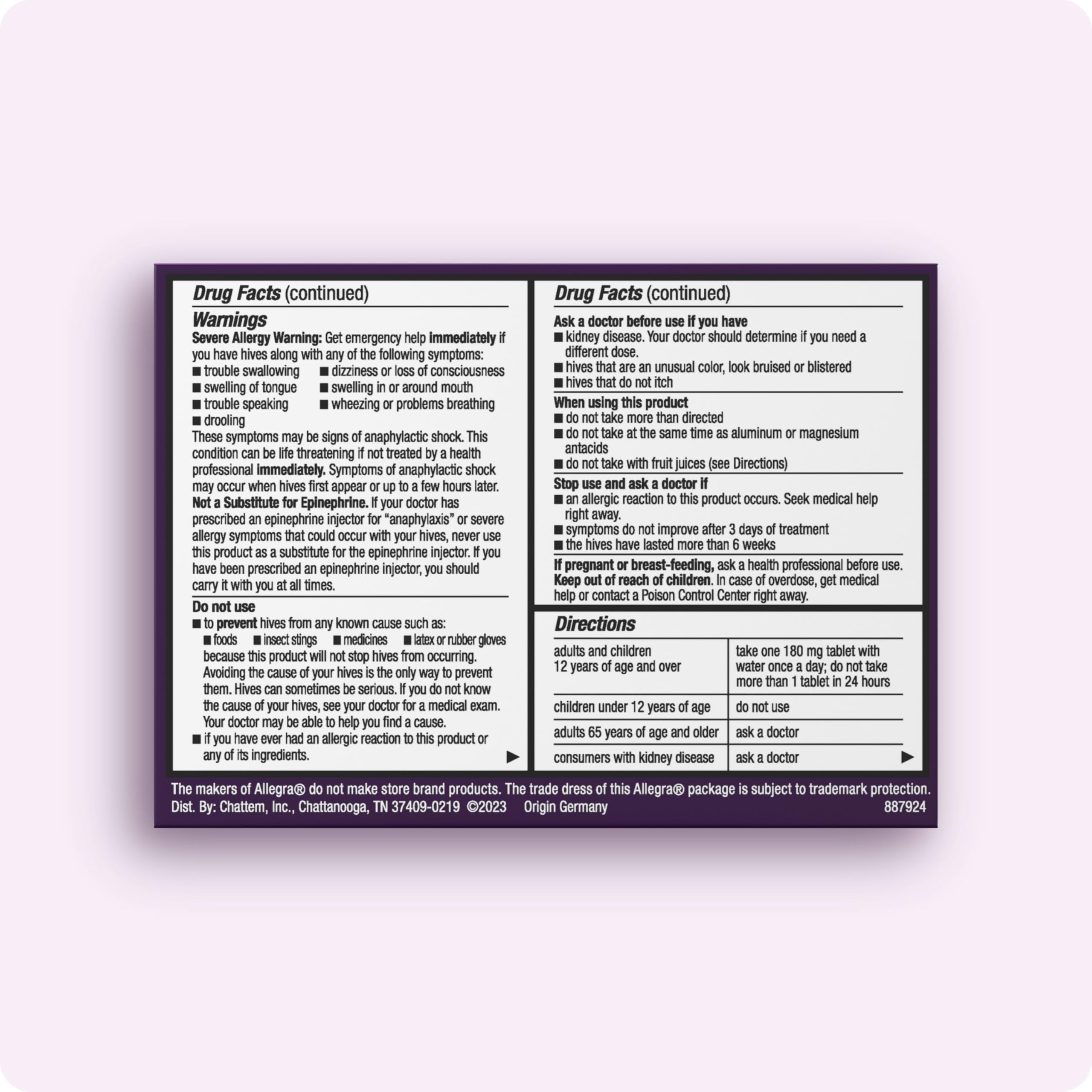 Back of Allegra Hives three-pack shows dosage details for easy use.