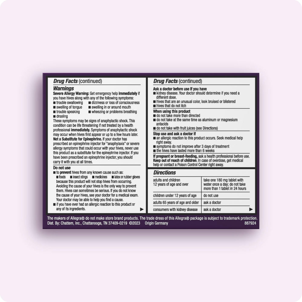 Back of Allegra Hives three-pack shows dosage details for easy use.