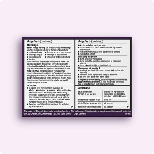 Back of Allegra Hives three-pack shows dosage details for easy use.