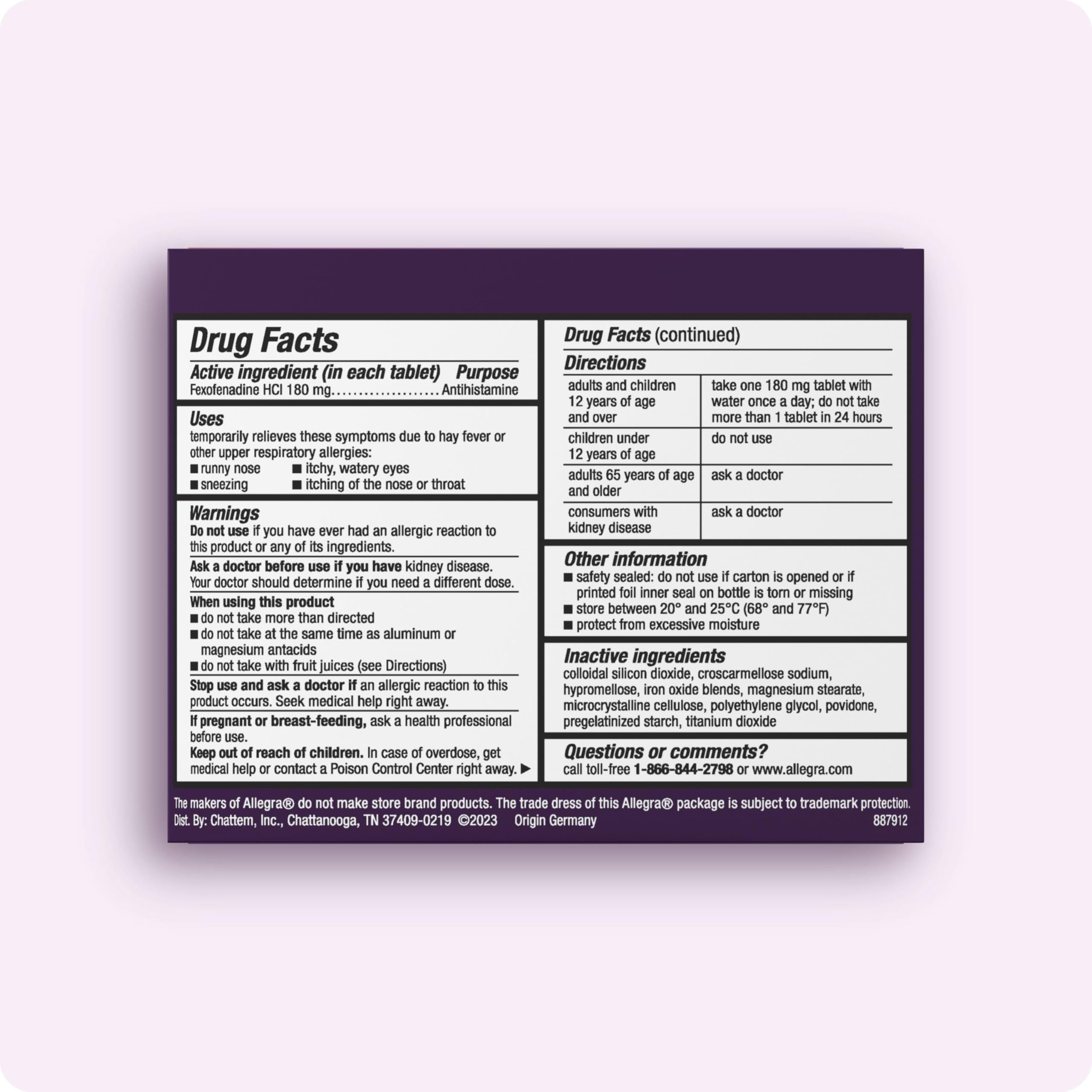 Close-up of Allegra tablets highlighting fexofenadine HCI for quick onset.