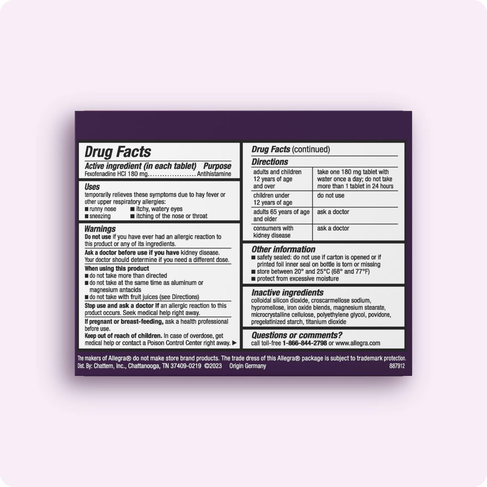 Close-up of Allegra tablets highlighting fexofenadine HCI for quick onset.