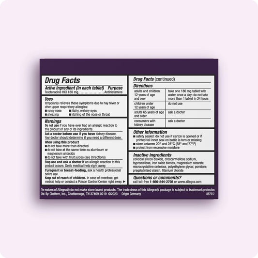 Close-up of Allegra tablets highlighting fexofenadine HCI for quick onset.