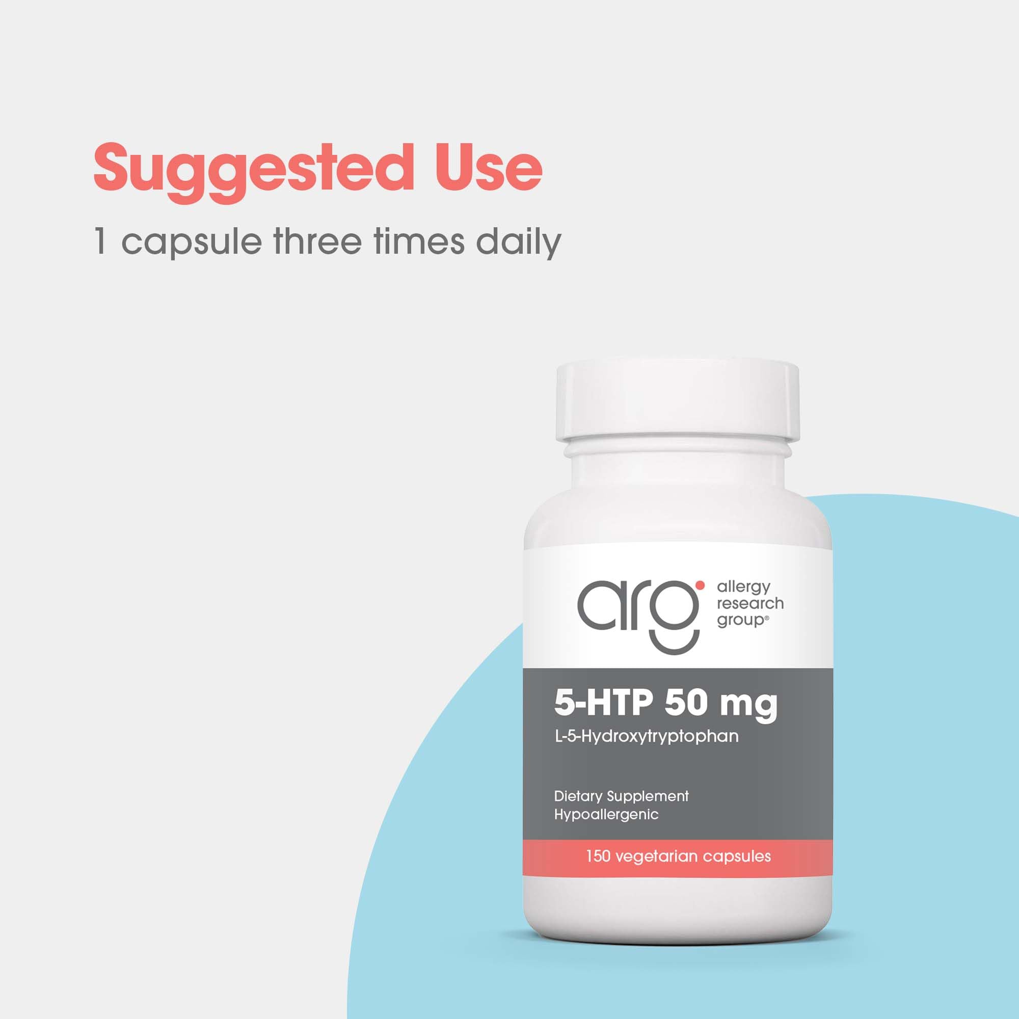 Allergy Research Group 5-HTP label detail shows hypoallergenic doctor-developed formula