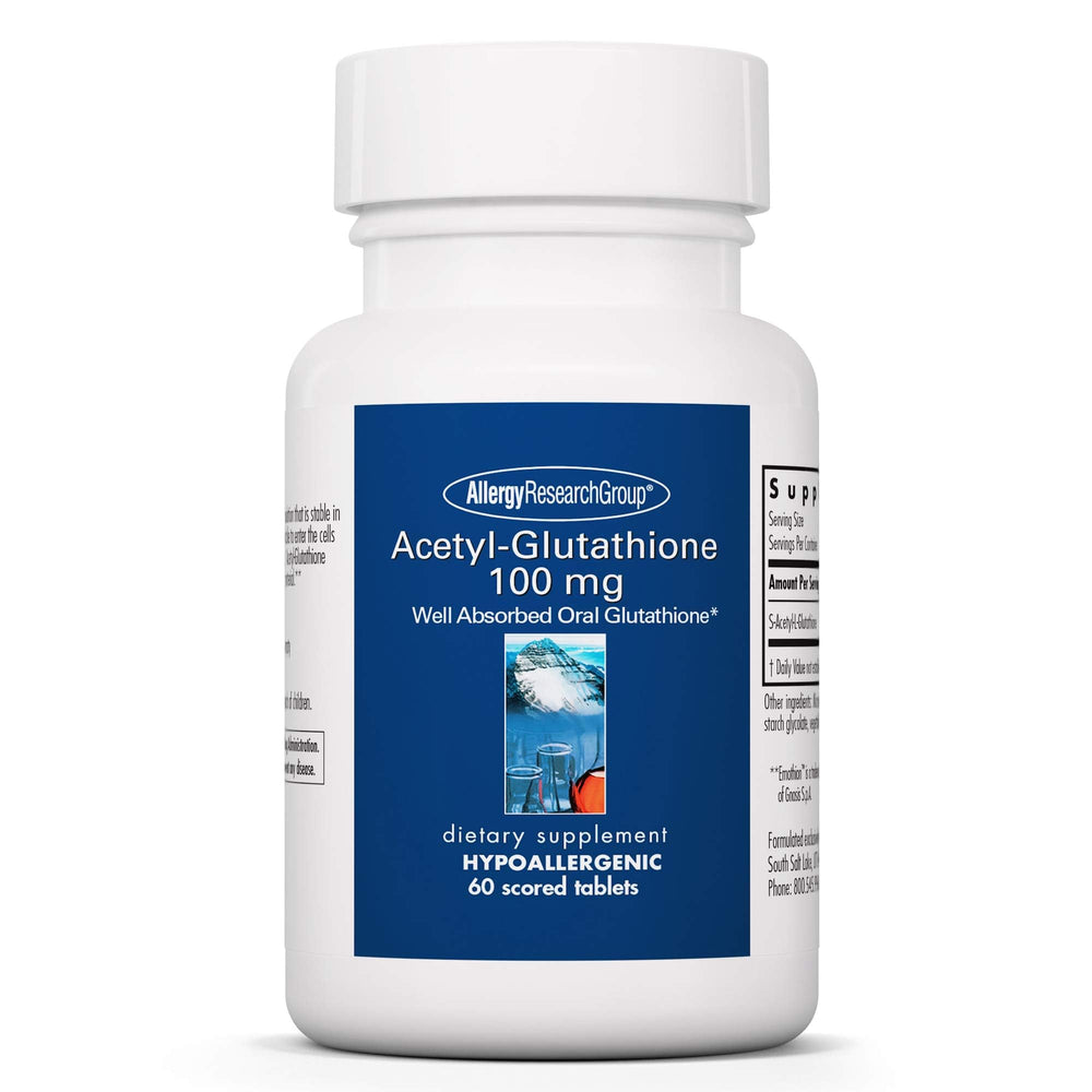 Allergy Research Group acetyl-glutathione bottle with 60 tablets for daily use.