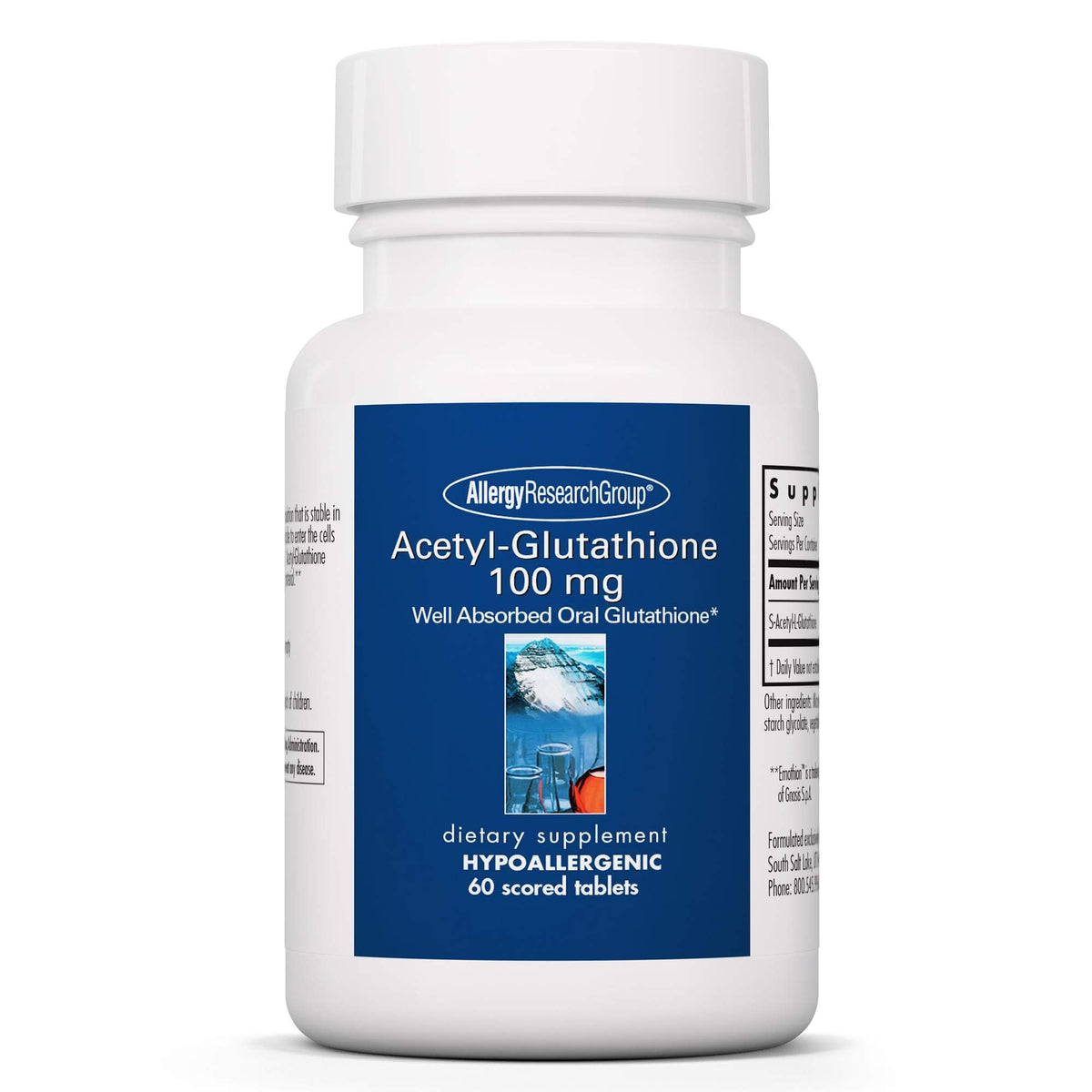 Allergy Research Group acetyl-glutathione bottle with 60 tablets for daily use.