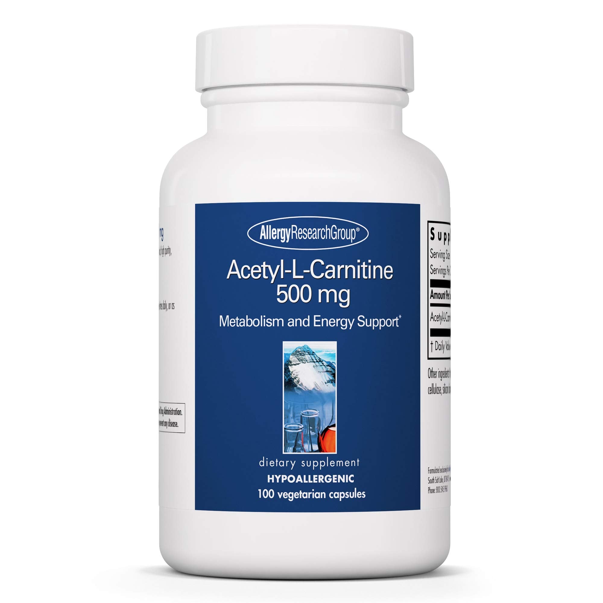 Allergy Research Group Acetyl-L-Carnitine 500mg bottle for daily energy support.
