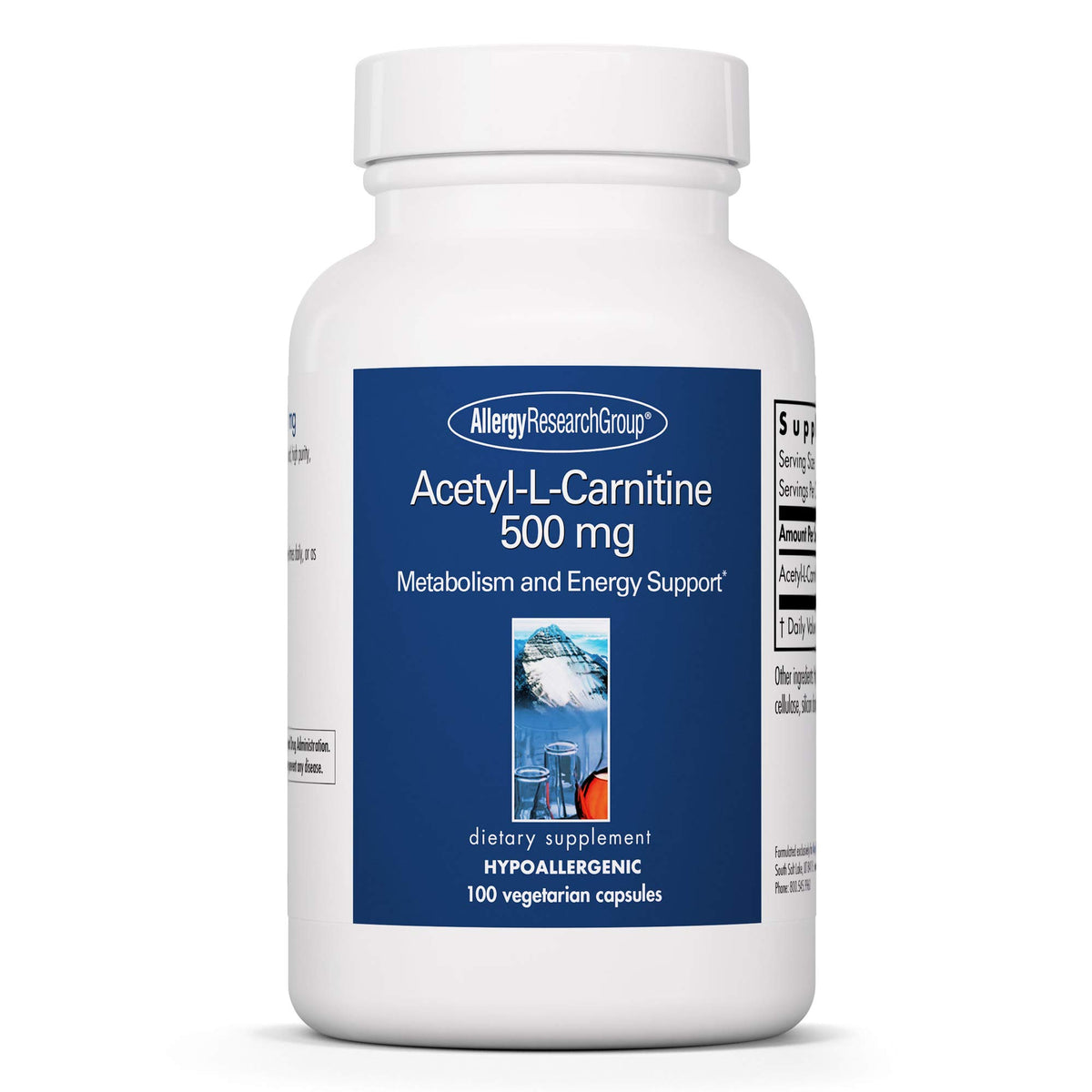 Allergy Research Group Acetyl-L-Carnitine 500mg bottle for daily energy support.