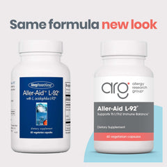 Close-up of the Aller-Aid L92 label highlighting boswellia and lactobacillus.