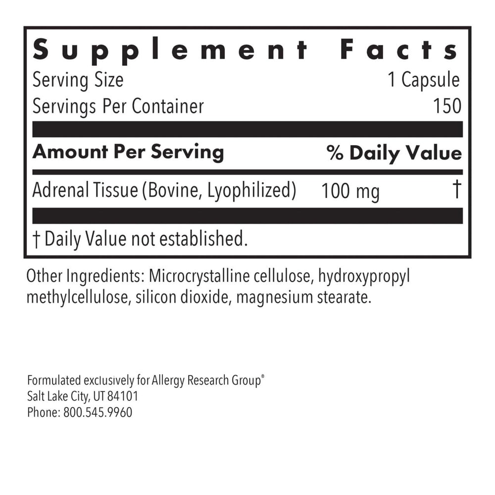 Allergy Research Group ARG Adrenal Cortex capsules arranged in bottle for natural metabolism