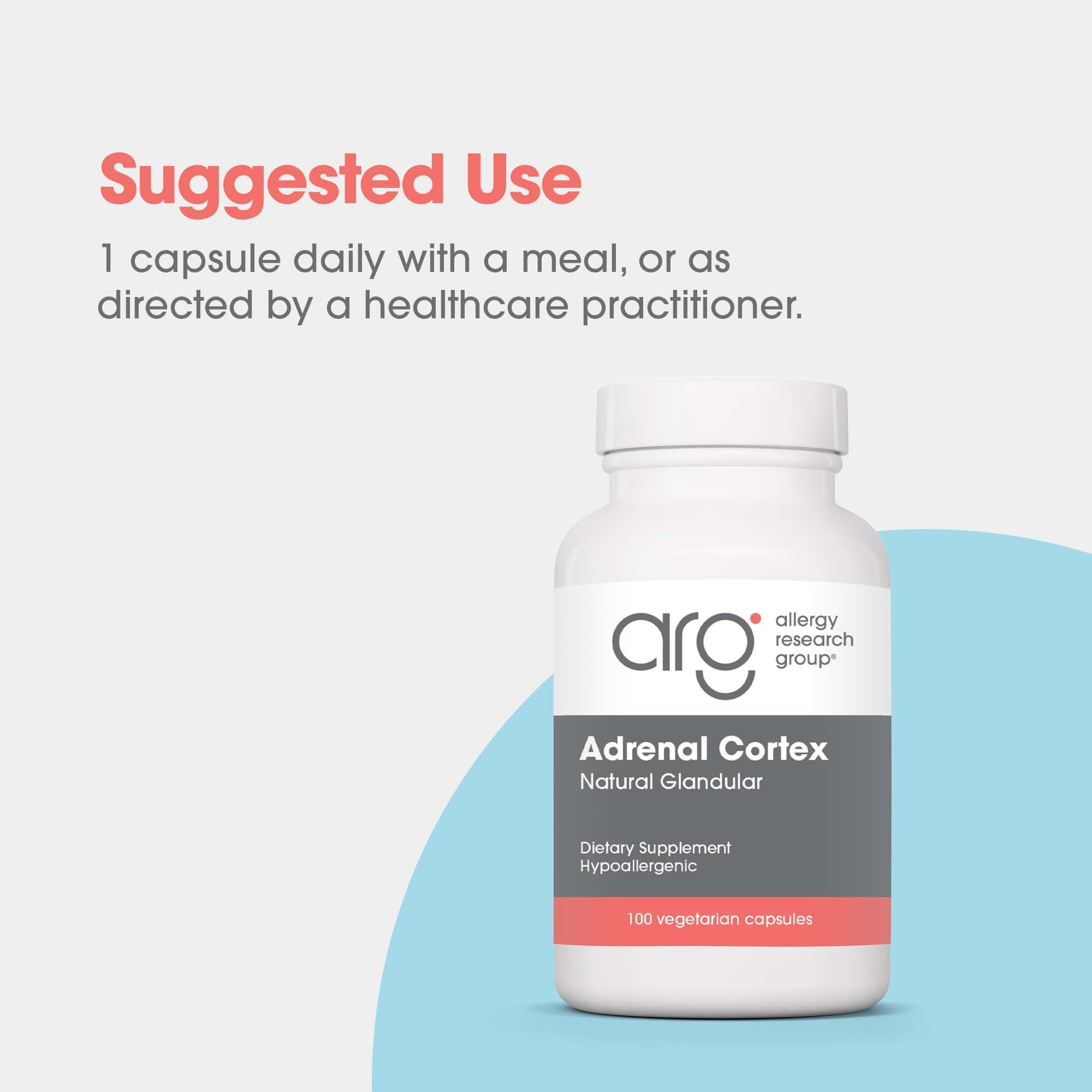 ARG Adrenal Cortex packaging box highlights 100-serving count and reliability.