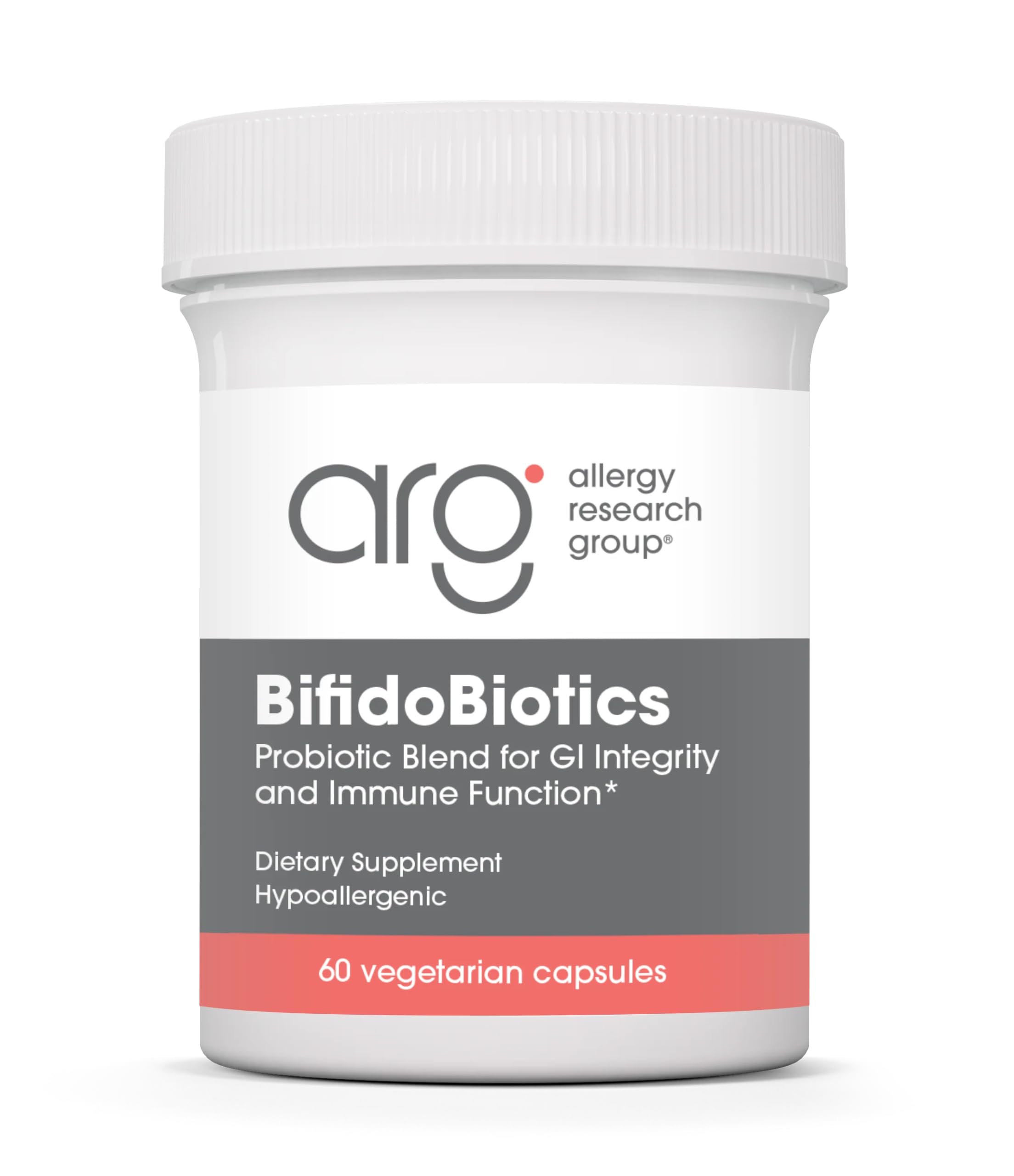 ARG BifidoBiotics bottle label highlights a dairy-free probiotic blend for balanced digestion.
