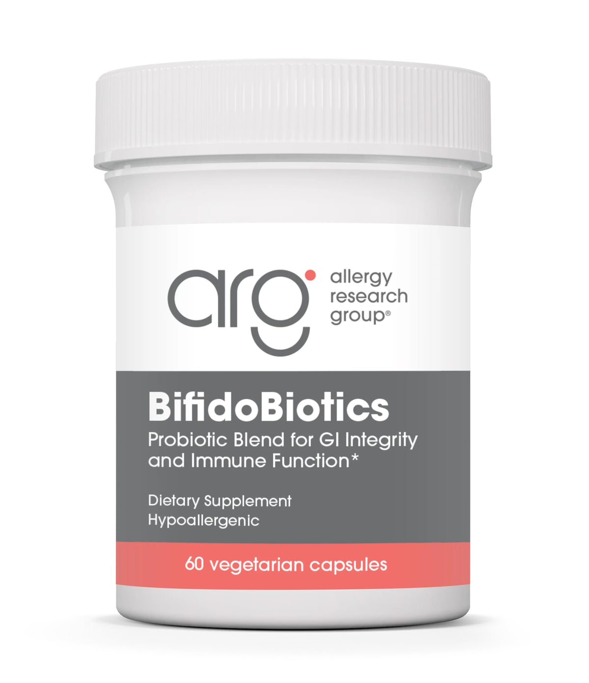 ARG BifidoBiotics bottle label highlights a dairy-free probiotic blend for balanced digestion.
