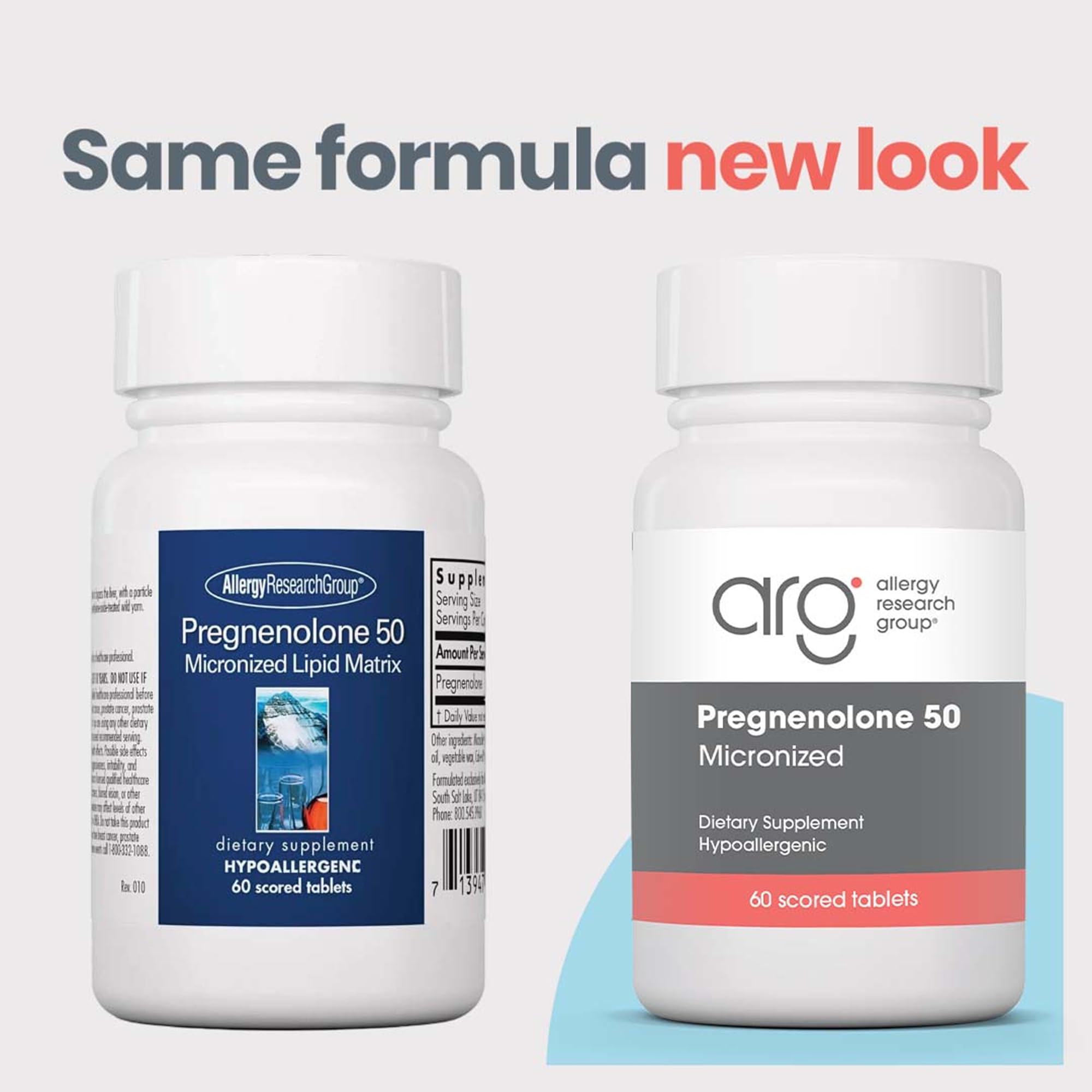 ARG Pregnenolone 50 mg close-up showing micronized particles for improved bioavailability.