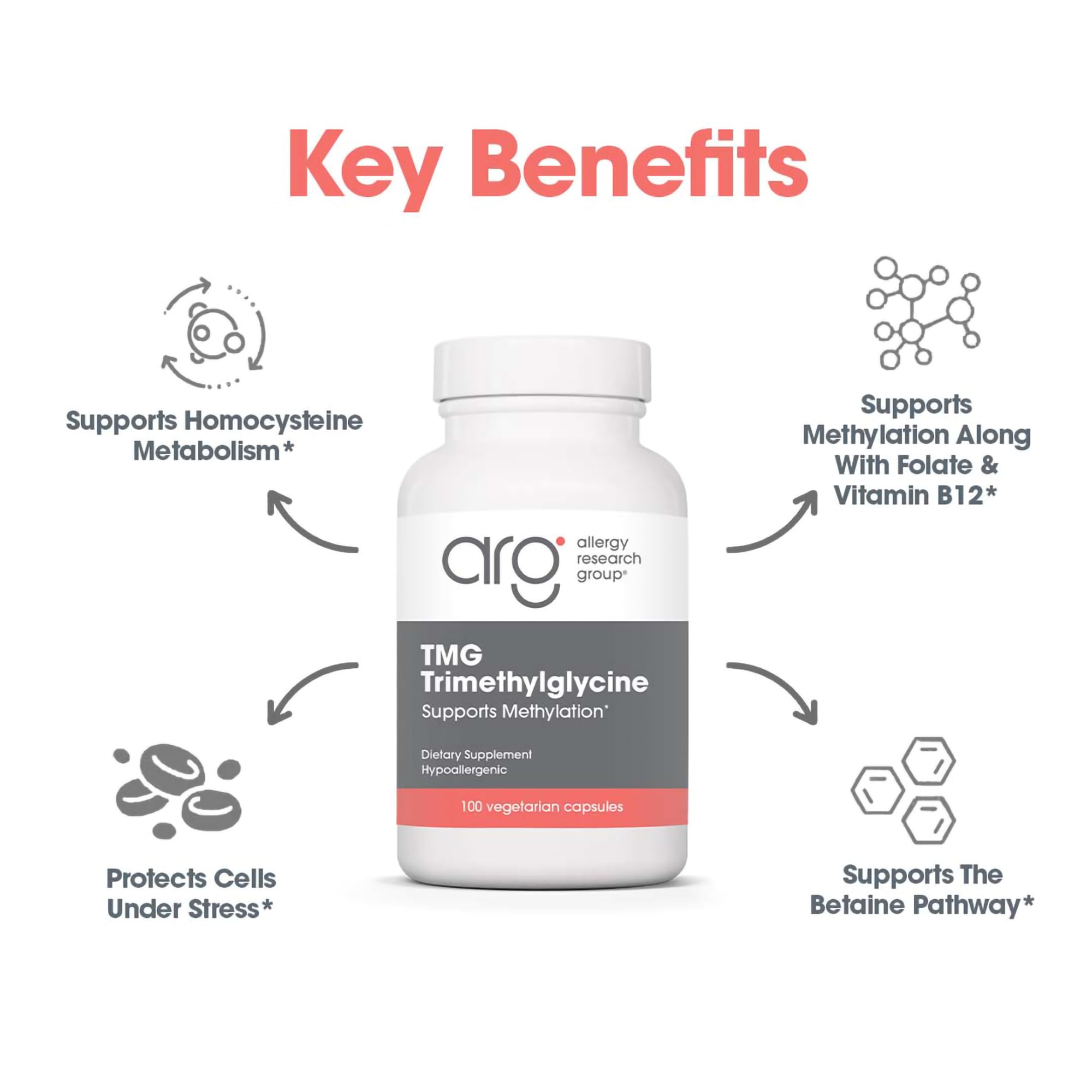 Allergy Research Group ARG TMG bottle with vegetarian-friendly formula symbol