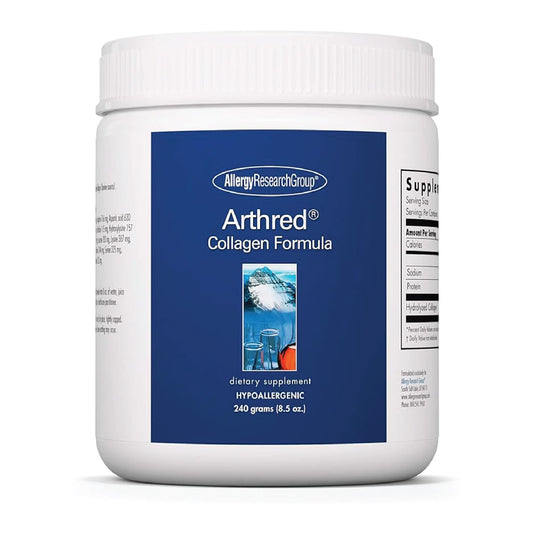Allergy Research Group Arthred powder being poured into a glass for daily joint and skin support.