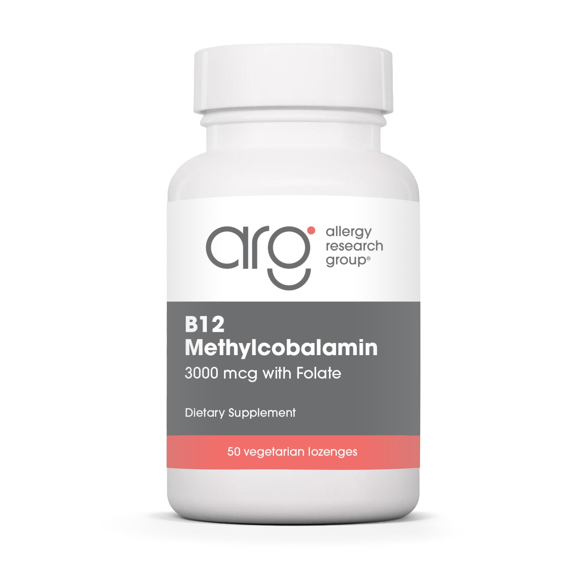 Allergy Research Group B12 lozenge front view, pure vegetarian formula supporting methylation