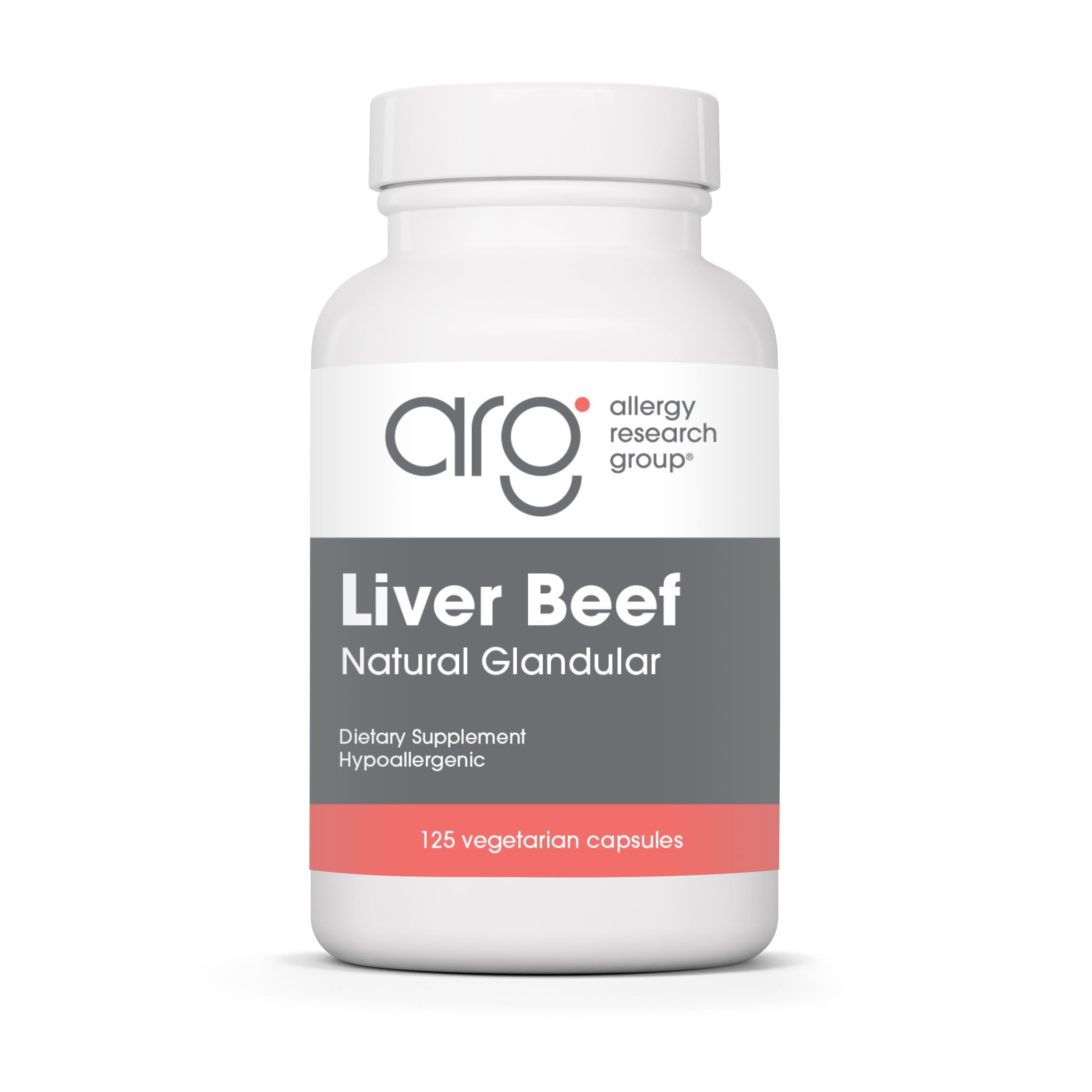 Allergy Research Group beef liver supplement bottle on clean surface supporting daily vitality.
