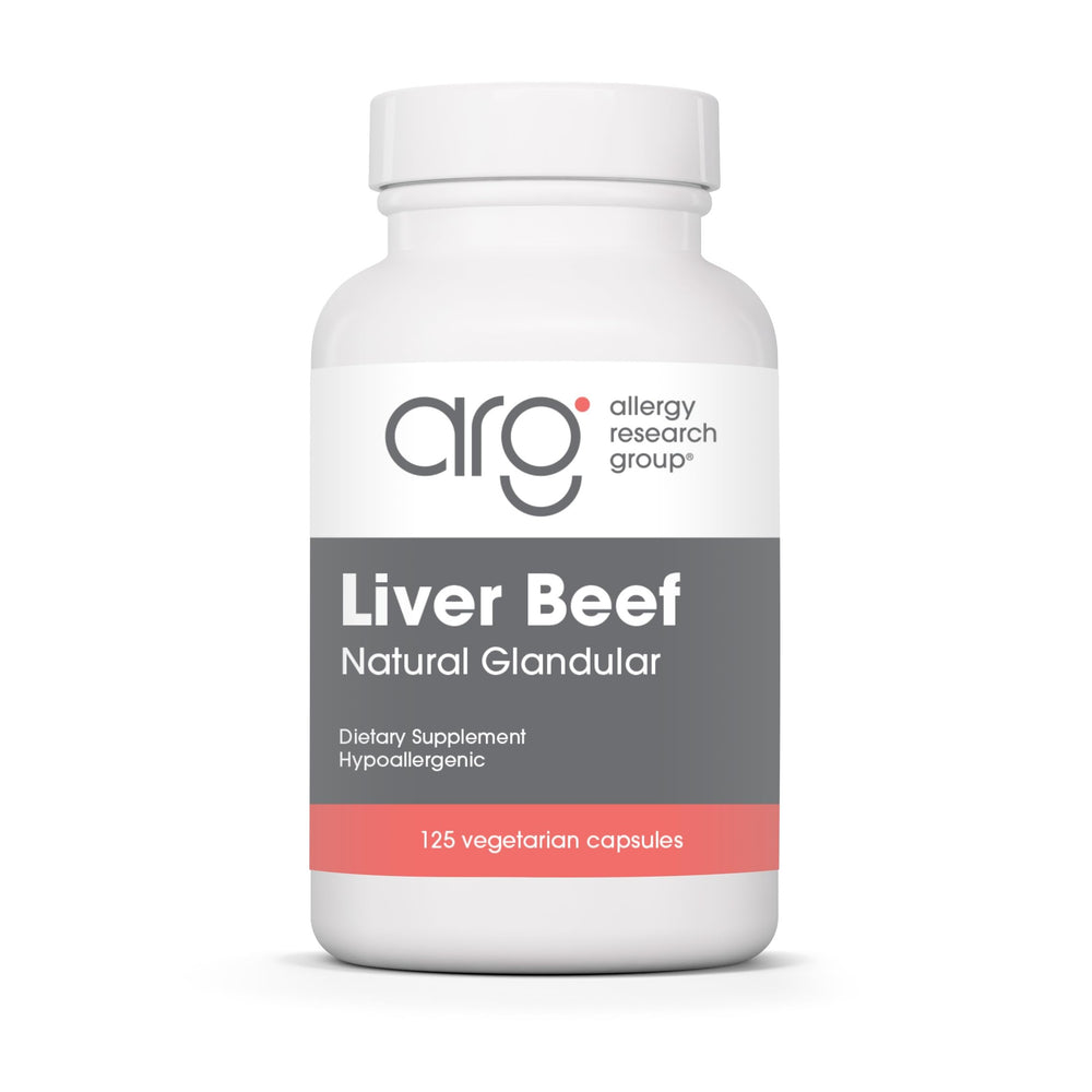 Allergy Research Group beef liver supplement bottle on clean surface supporting daily vitality.