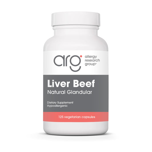 Allergy Research Group beef liver supplement bottle on clean surface supporting daily vitality.
