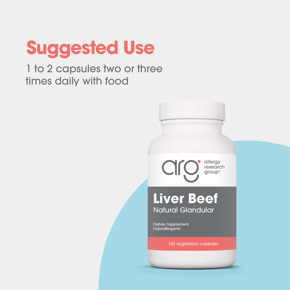 Packaging for Allergy Research Group beef liver supplement showing ingredients and purpose.