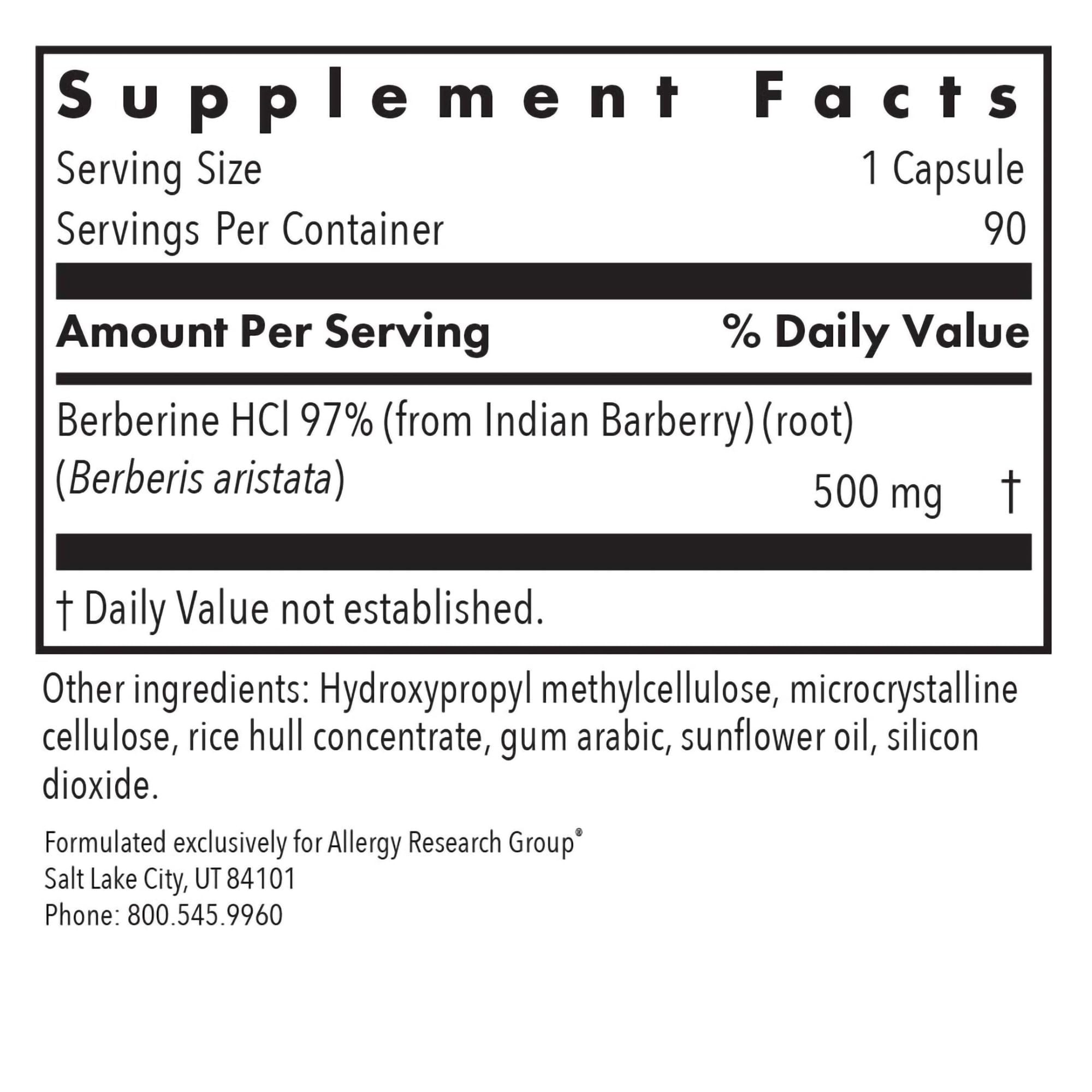 Allergy Research Group berberine label highlighting purity and quality control.