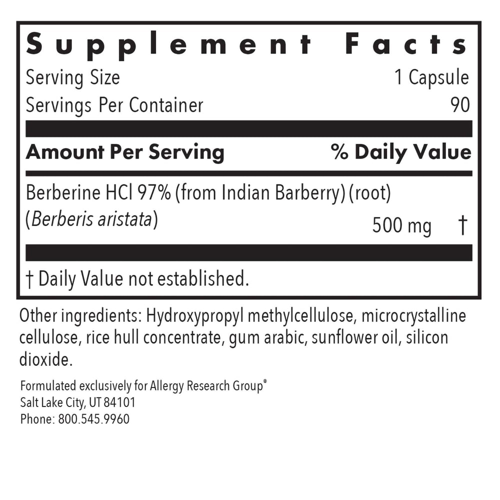 Allergy Research Group berberine label highlighting purity and quality control.