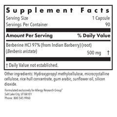 Allergy Research Group berberine label highlighting purity and quality control.