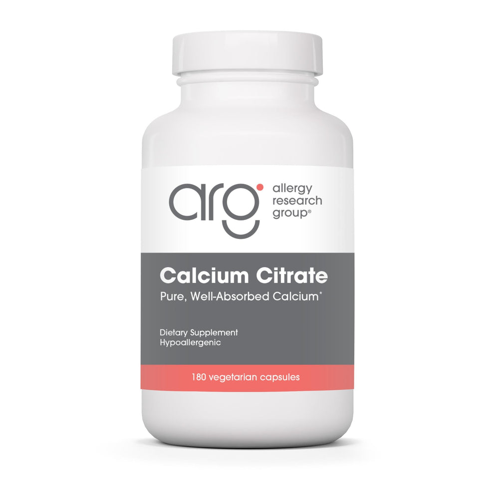 Allergy Research Group Calcium Citrate bottle highlights high-absorption calcium for daily bone support.