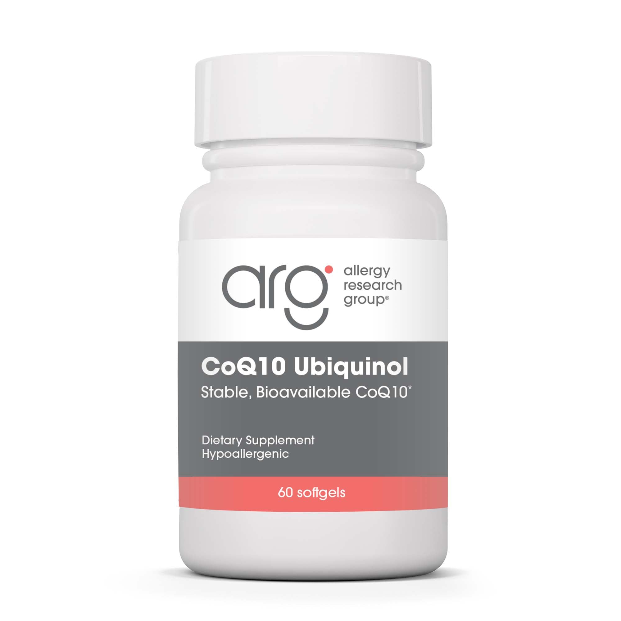 Allergy Research Group CoQ10 Ubiquinol bottle showing 60 capsules for daily energy support