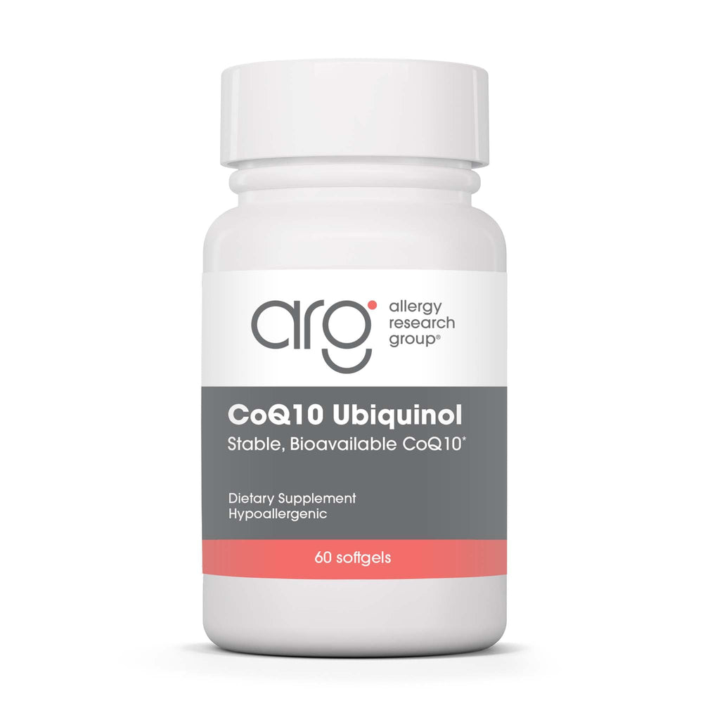 Allergy Research Group CoQ10 Ubiquinol bottle showing 60 capsules for daily energy support