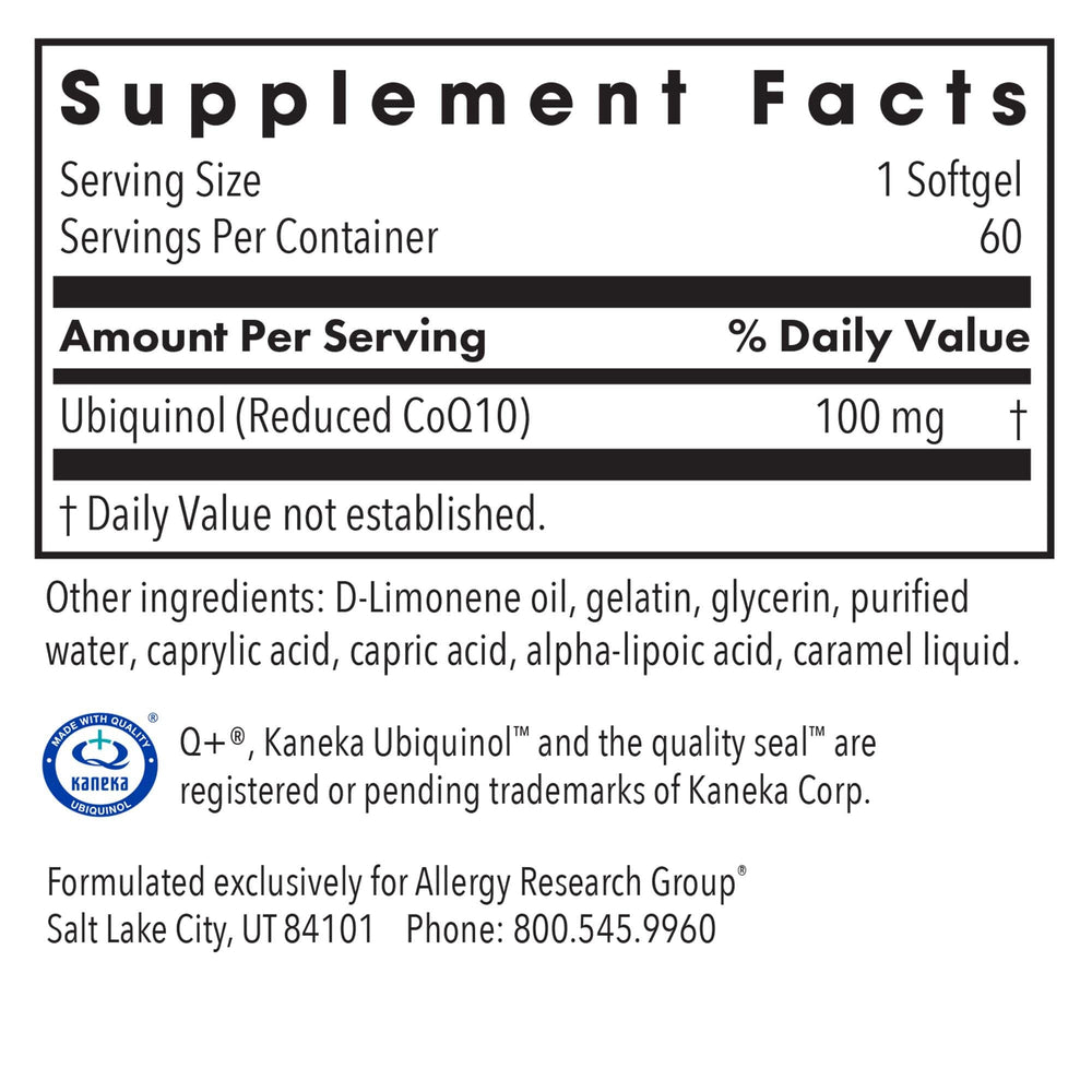 Allergy Research Group CoQ10 ubiquinol label close-up highlighting purity standards