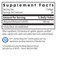 Allergy Research Group CoQ10 ubiquinol label close-up highlighting purity standards
