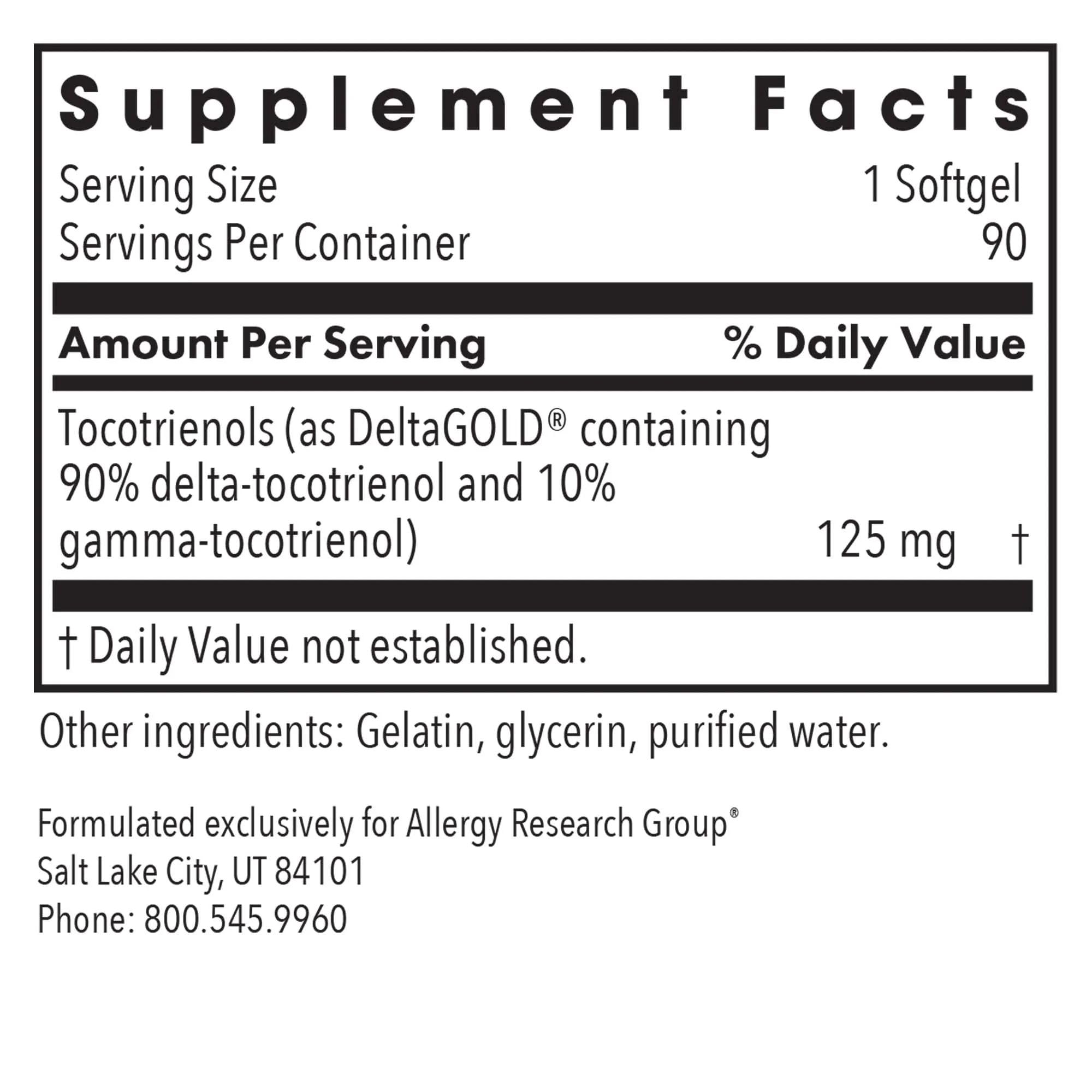 Allergy Research Group Delta-Fraction Tocotrienols label shows 125 mg per softgel.