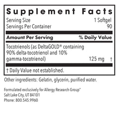 Allergy Research Group Delta-Fraction Tocotrienols label shows 125 mg per softgel.
