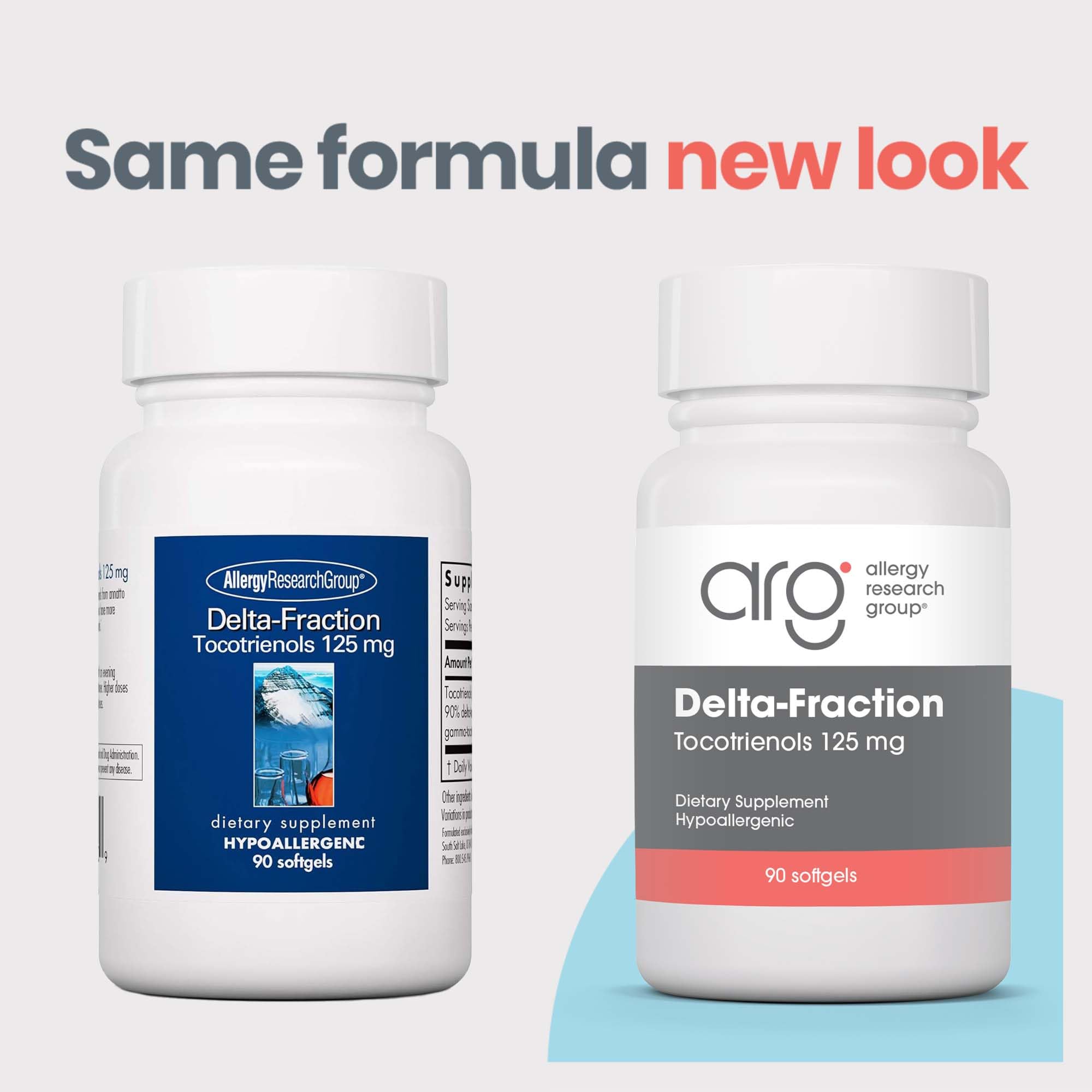 Allergy Research Group Delta-Fraction Tocotrienols softgel pills closeup highlighting annatto-derived tocotrienols.