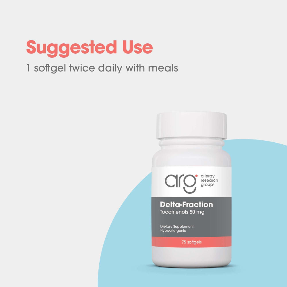 Allergy Research Group Delta-Fraction Tocotrienols label notes tocopherol-free composition.