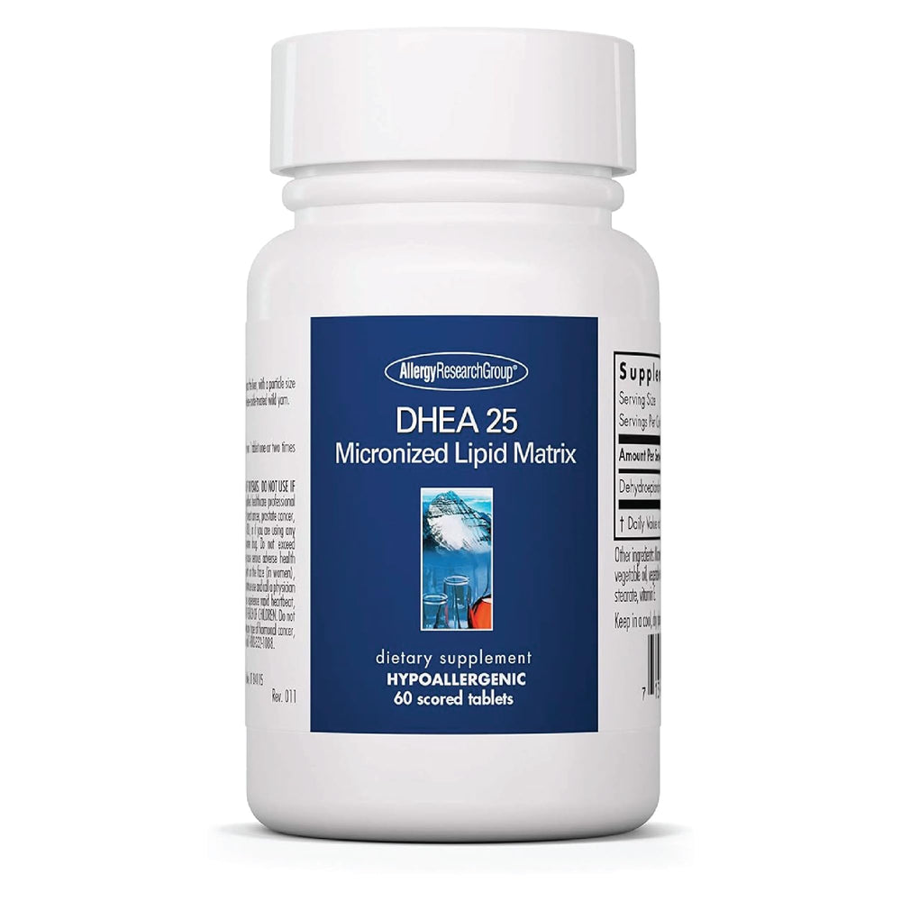 Allergy Research Group DHEA capsules on bottle, micronized lipid matrix for absorption