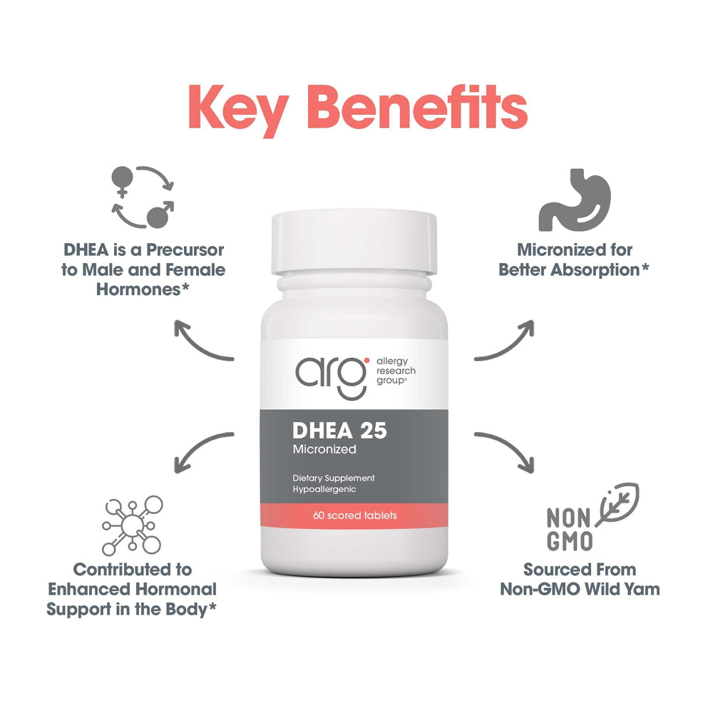 ARG DHEA bottle with label detail highlighting gluten-free allergen-free formula