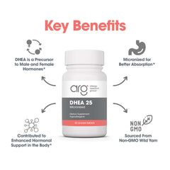 ARG DHEA bottle with label detail highlighting gluten-free allergen-free formula
