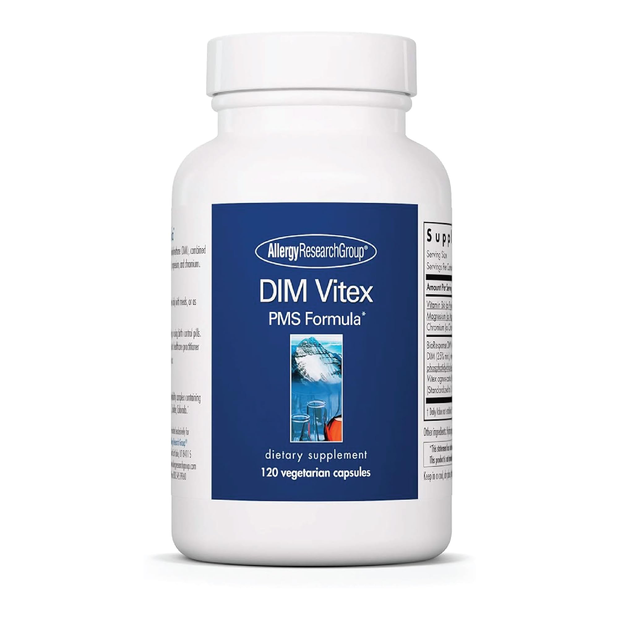 Allergy Research Group DIM Vitex bottle front highlighting estrogen metabolism support.