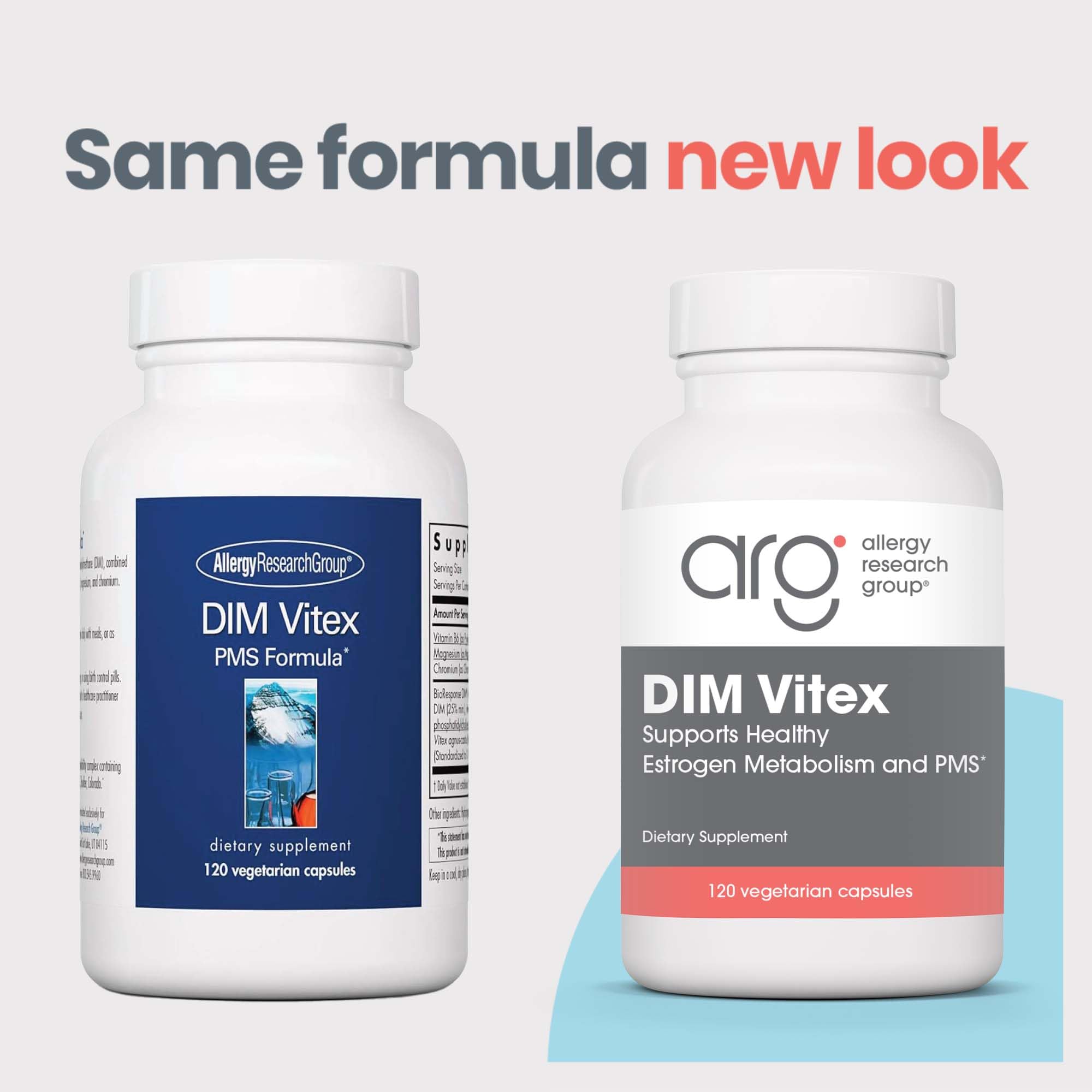 Allergy Research Group DIM Vitex label with clean ingredients and purity emphasis.