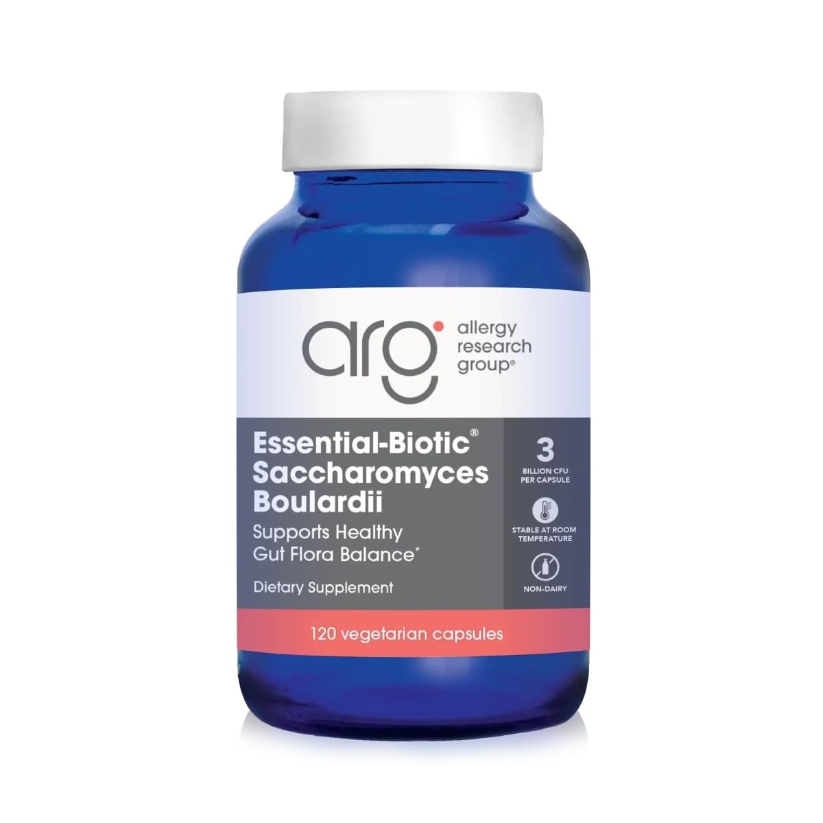 Allergy Research Group Essential Biotic Saccharomyces boulardii capsules on bottle front for GI support